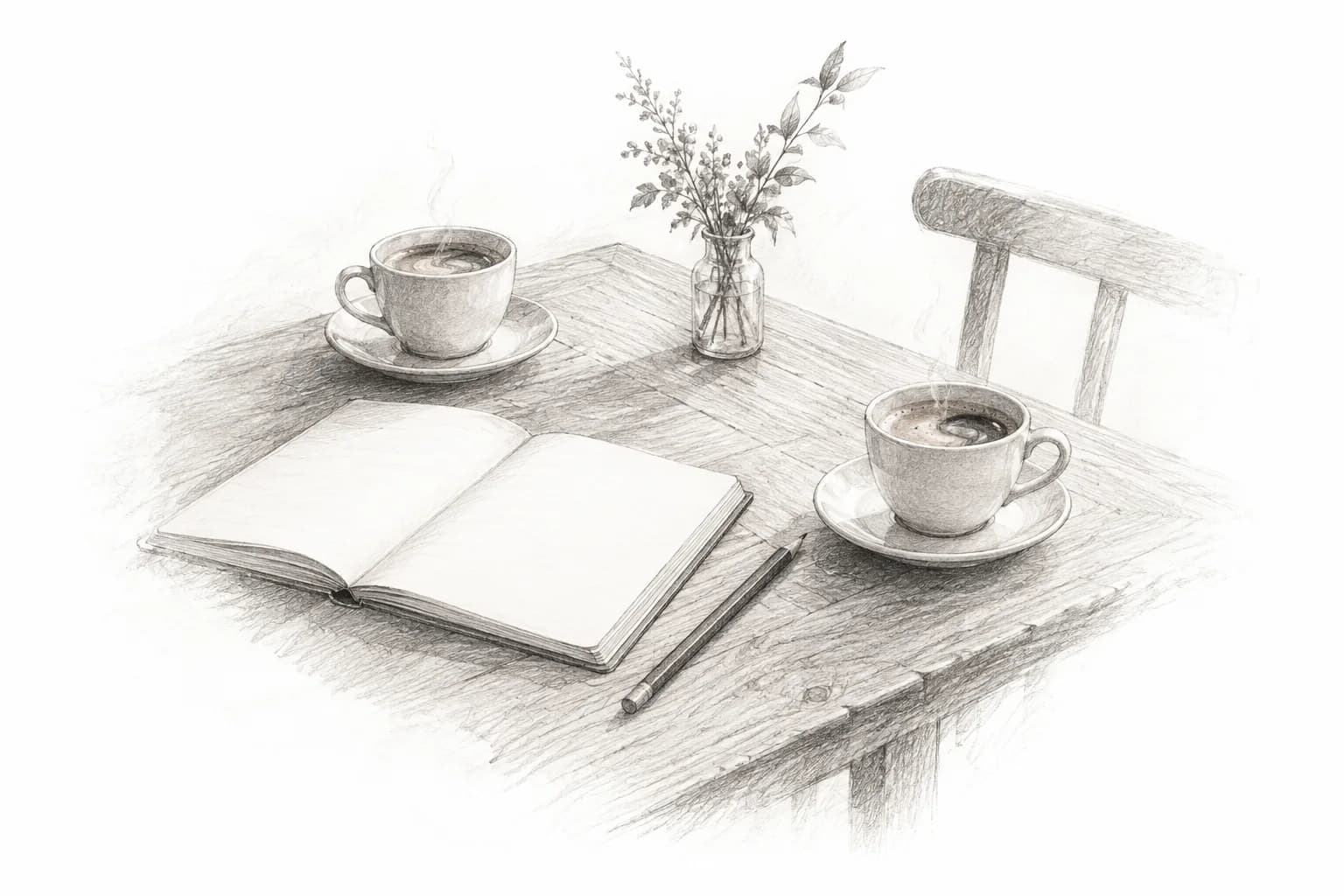 Graphite study of two cups of coffee, an open notebook and a pencil at a table.