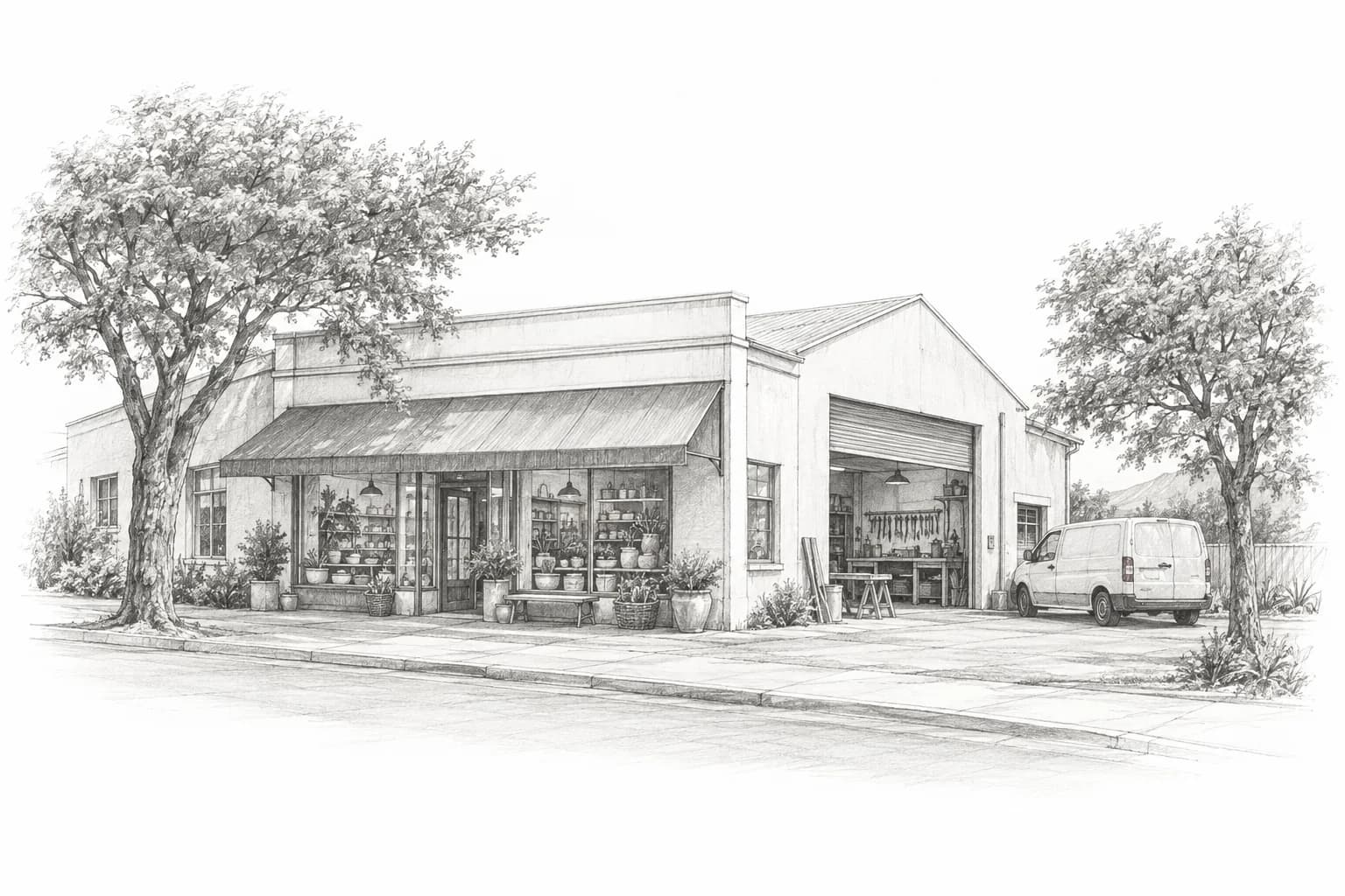 Pencil concept study of an independent shop, a service workshop and an unbranded van on a tree-lined street.