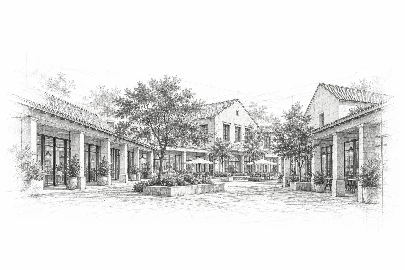 Architectural pencil concept of a neighbourhood commercial courtyard with trees and sheltered shopfronts.