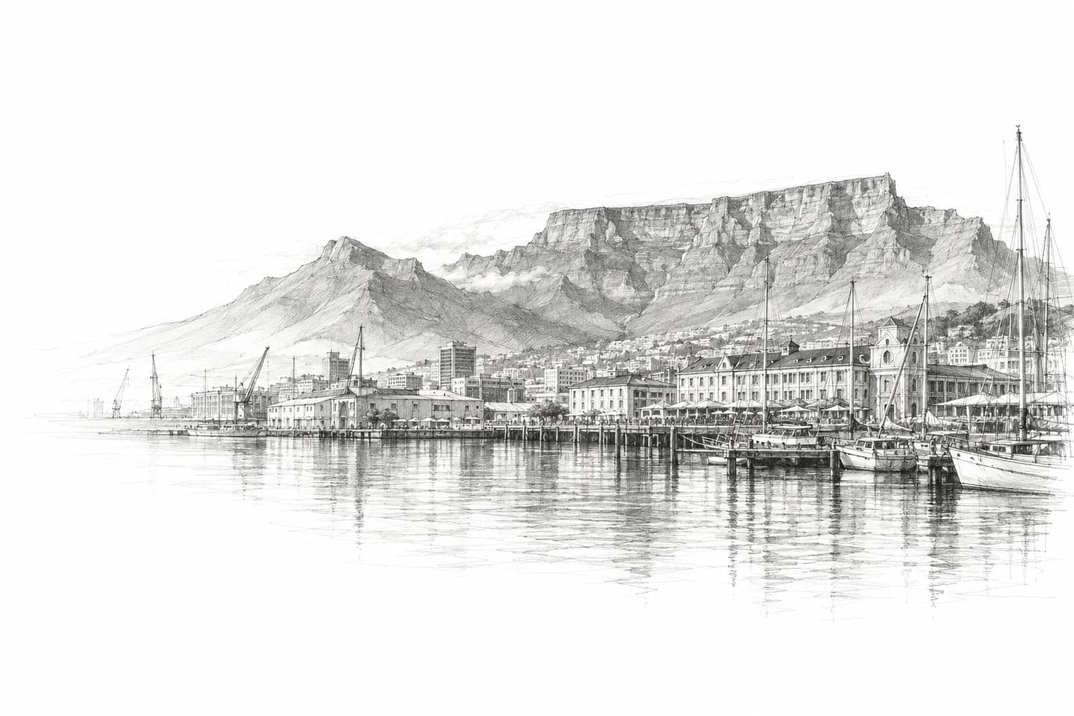 A graphite pencil study of Cape Town’s harbour beneath Table Mountain.