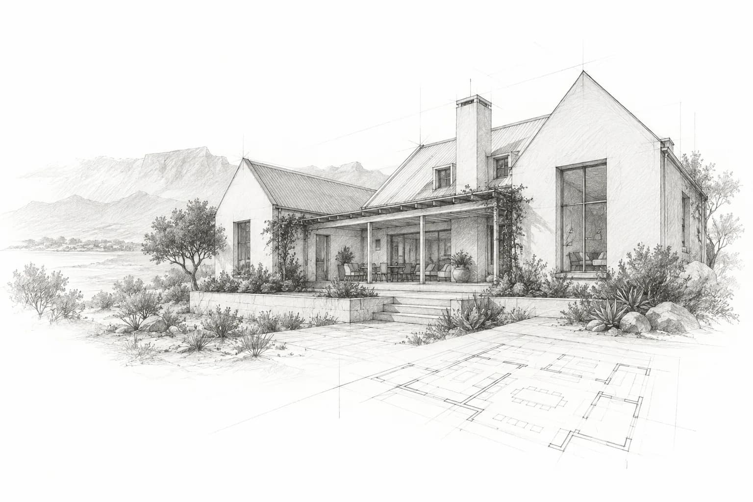 Architectural pencil concept of a contemporary Cape-style home with pitched roofs, a sheltered veranda and planting.
